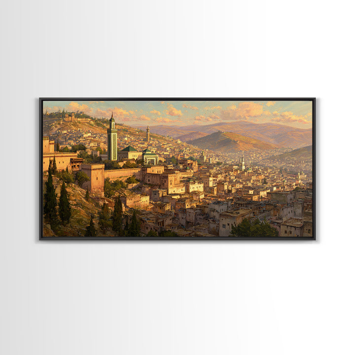Golden Moroccan Medina Cityscape Canvas Print, Travel Poster Wall Art For Living Room Decor And Elegant Morocco Wall Decor
