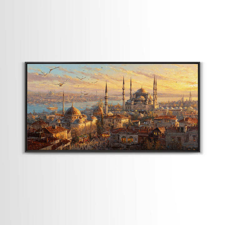 Istanbul Mosque Skyline At Sunset Wall Art, Turkish Travel Poster, Islamic Architecture Canvas Print, Warm City Living Room Decor