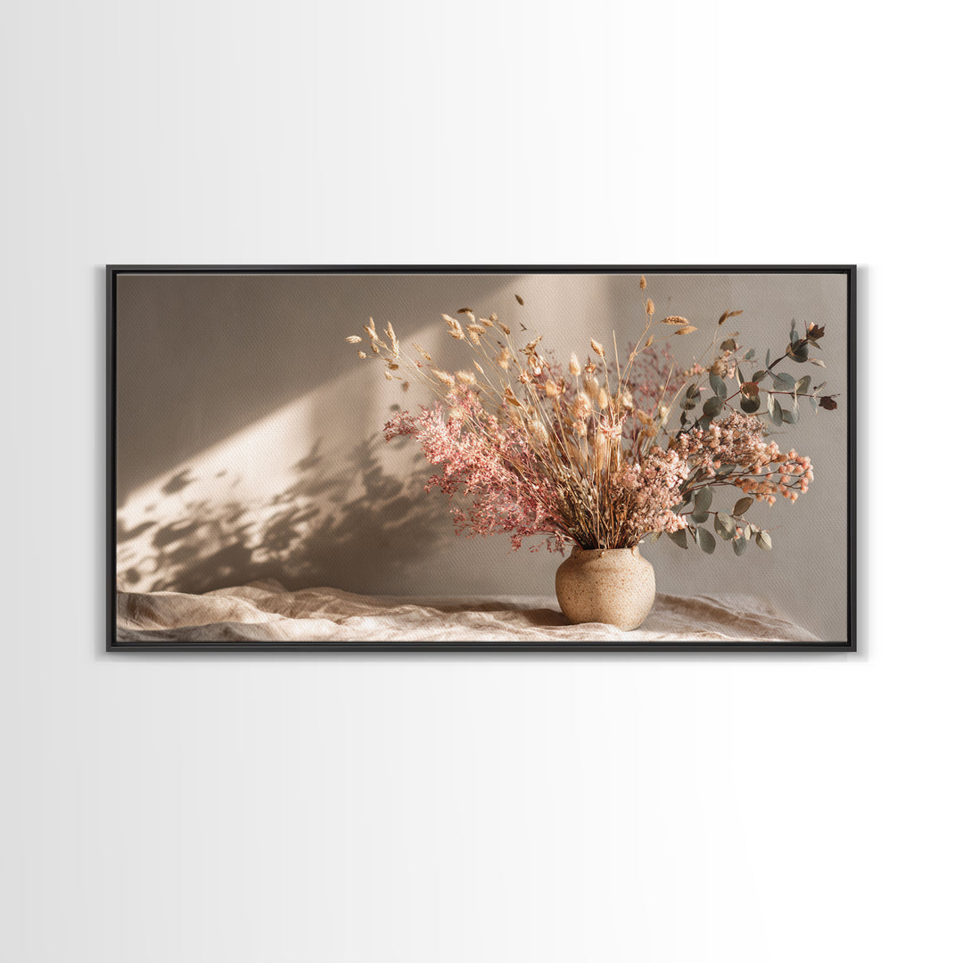 Blush Dried Floral Bouquet In Ceramic Vase Framed Canvas Print, Neutral Boho Wall Art, Earth Tone Living Room Decor Gift