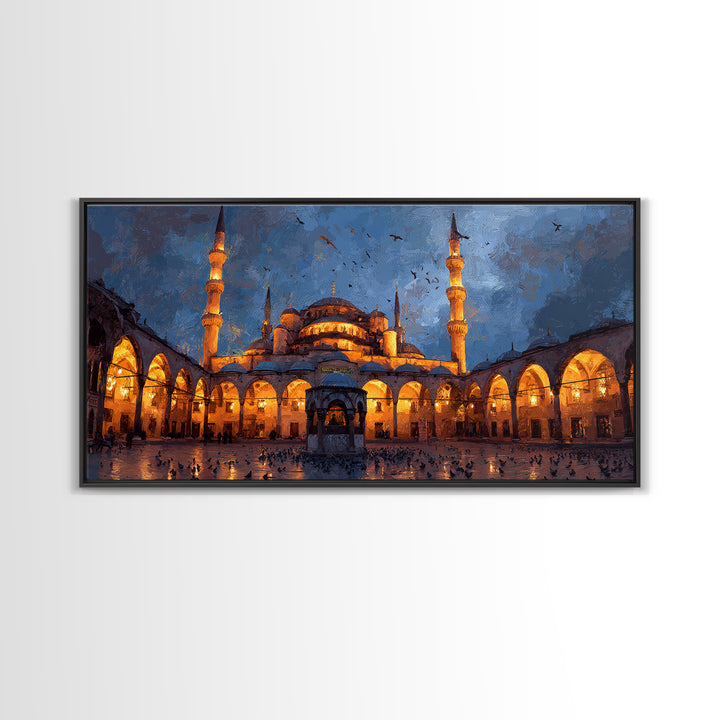 Illuminated Mosque Courtyard Wall Art, Islamic Architecture Canvas Print, Blue Evening Decor, Prayer Room Decor, Eid Gift