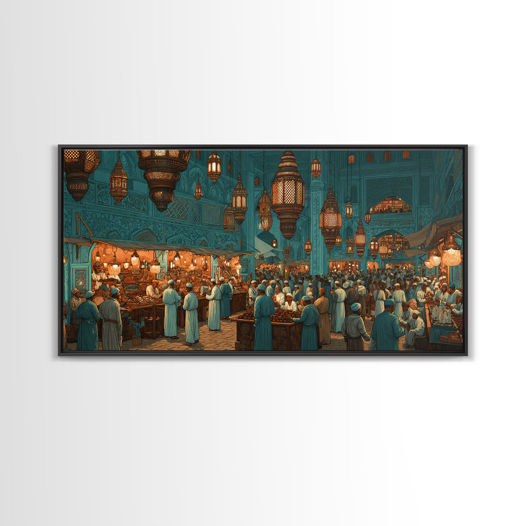 Moroccan Lantern Market Wall Art, Teal Souk Scene, Islamic Architecture Print, Middle Eastern Home Decor, Ramadan Gift For Living Room
