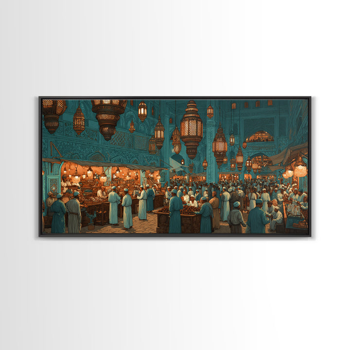 Moroccan Lantern Market Wall Art, Teal Souk Scene, Islamic Architecture Print, Middle Eastern Home Decor, Ramadan Gift For Living Room