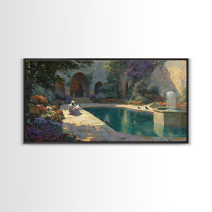 Serene Courtyard Garden With Fountain Wall Art, Mediterranean Canvas Print, Islamic Architecture, Peaceful Reading Nook Decor