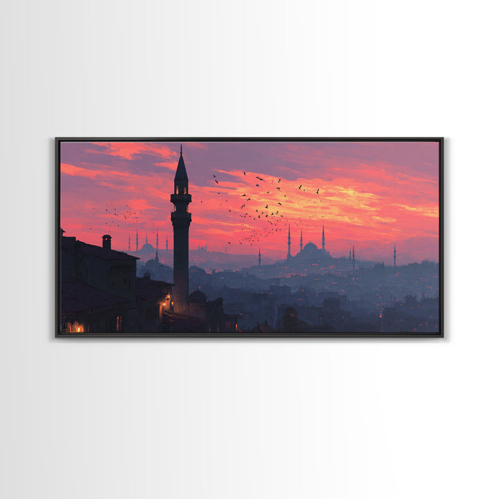 Istanbul Minarets At Pink Sunset Wall Art, Turkish Skyline Canvas Print, Middle Eastern Decor, Travel Poster, Islamic Art