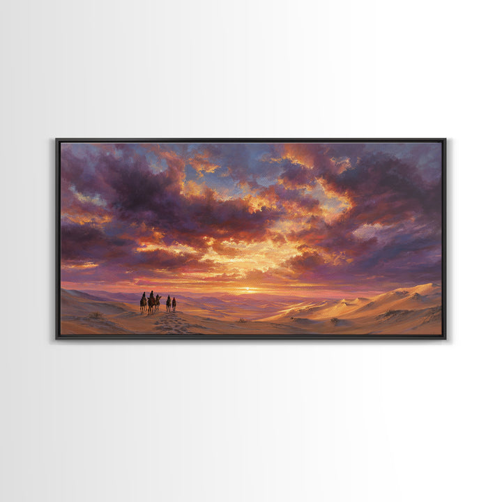 Desert Caravan At Purple Sunset Wall Art, Arabian Landscape Canvas Print, Dunes Travel Poster, Warm Boho Home Decor Gift