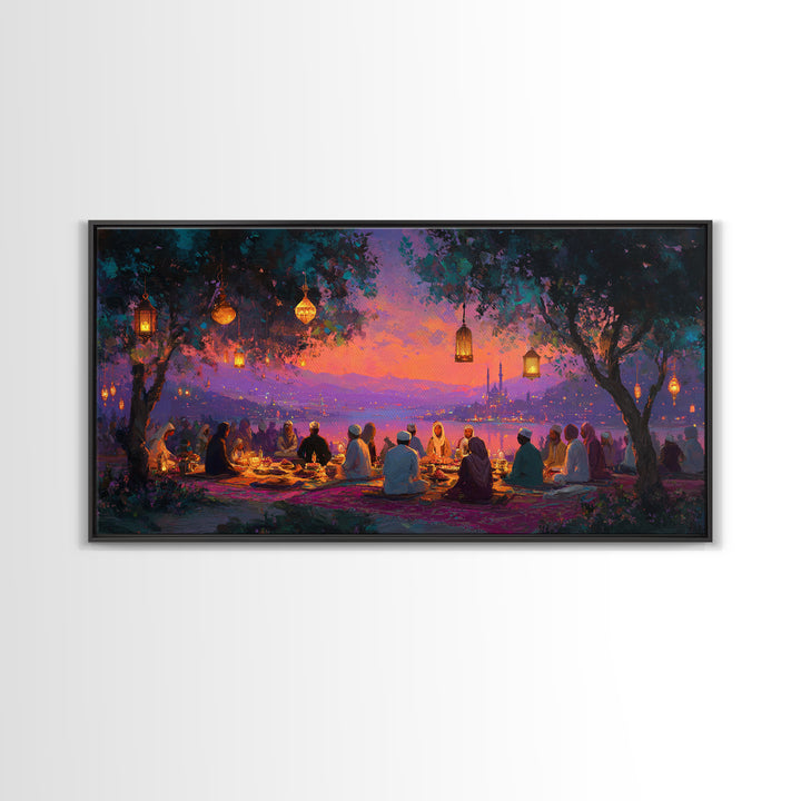 Lantern Lit Sunset Iftar Gathering Canvas Print, Islamic Wall Art, Ramadan Decor, Middle Eastern Home Decor Gift For Family