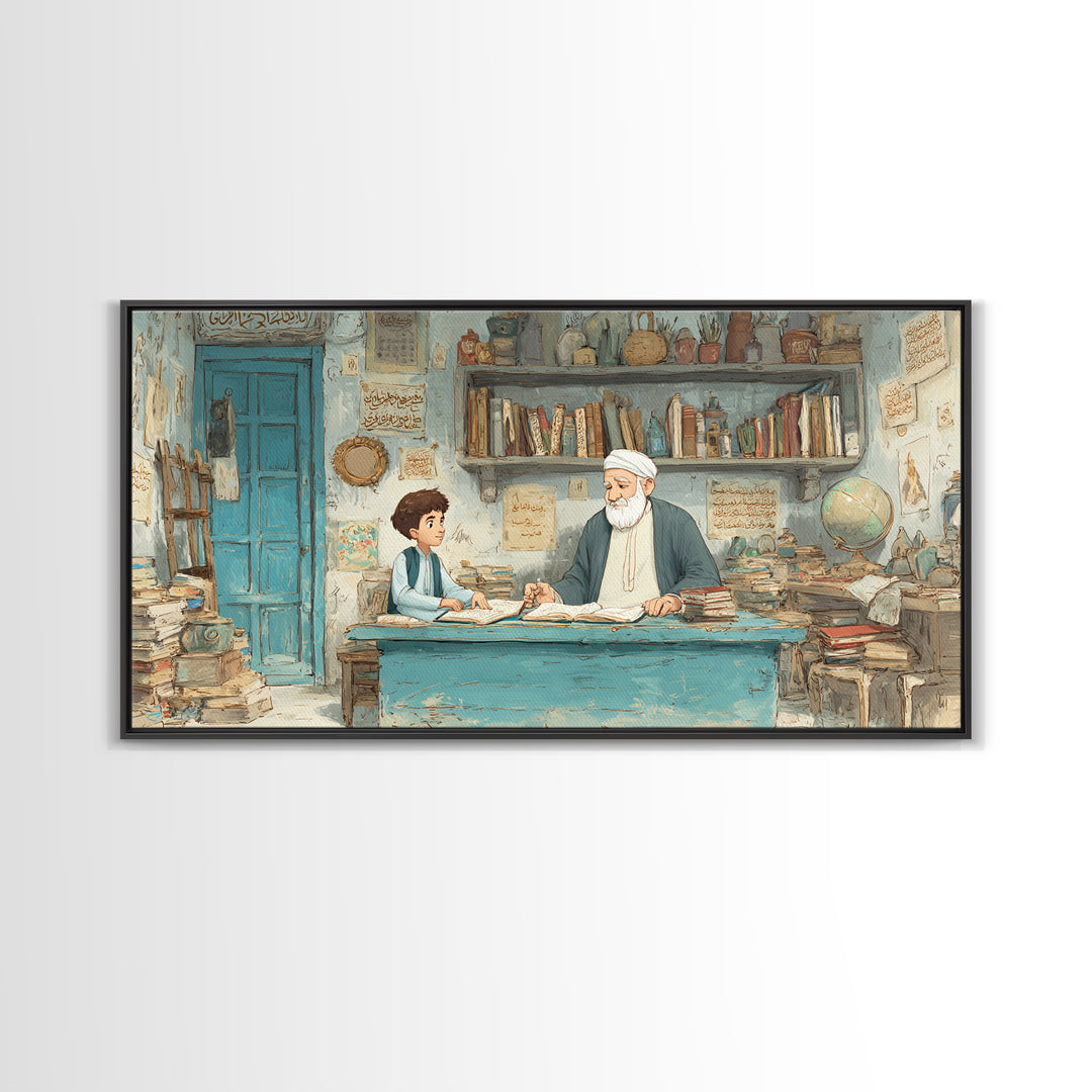 Wise Teacher And Child In Arabic Library Wall Art, Islamic Calligraphy Canvas Print, Scholarly Office Decor Gift For Teacher
