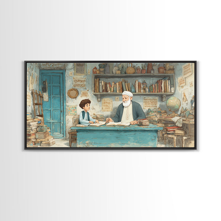Wise Teacher And Child In Arabic Library Wall Art, Islamic Calligraphy Canvas Print, Scholarly Office Decor Gift For Teacher