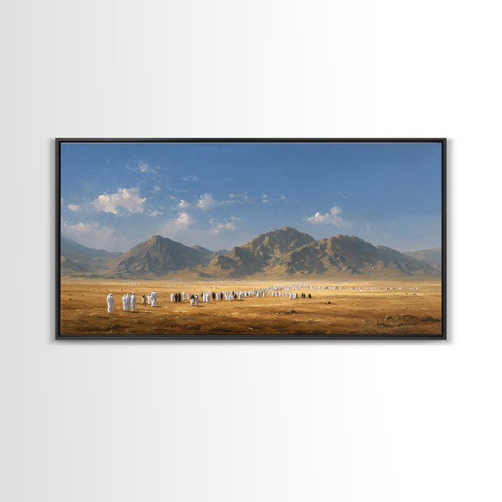 Desert Pilgrimage Beneath Rugged Mountains Framed Canvas Print, Islamic Wall Art, Panoramic Landscape Home Decor Gift Idea