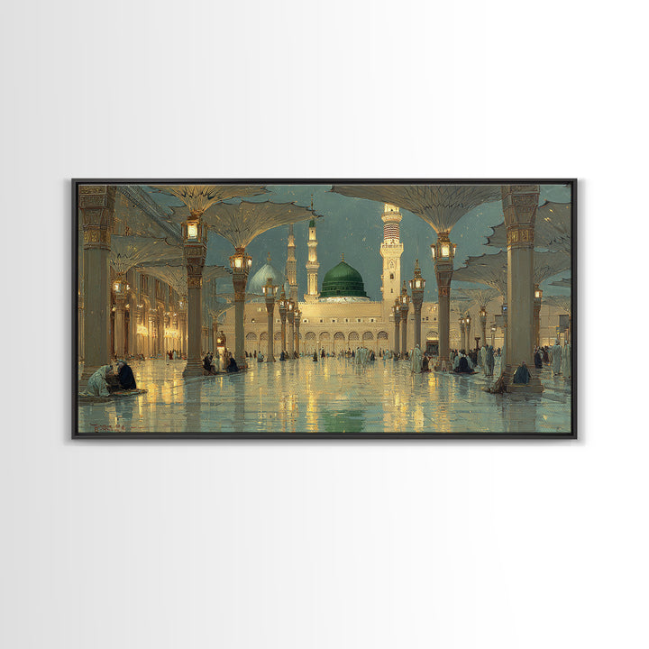 Golden Mosque Courtyard At Night Wall Art, Islamic Architecture Art Print, Serene Ramadan Decor And Muslim Gift For Prayer Room