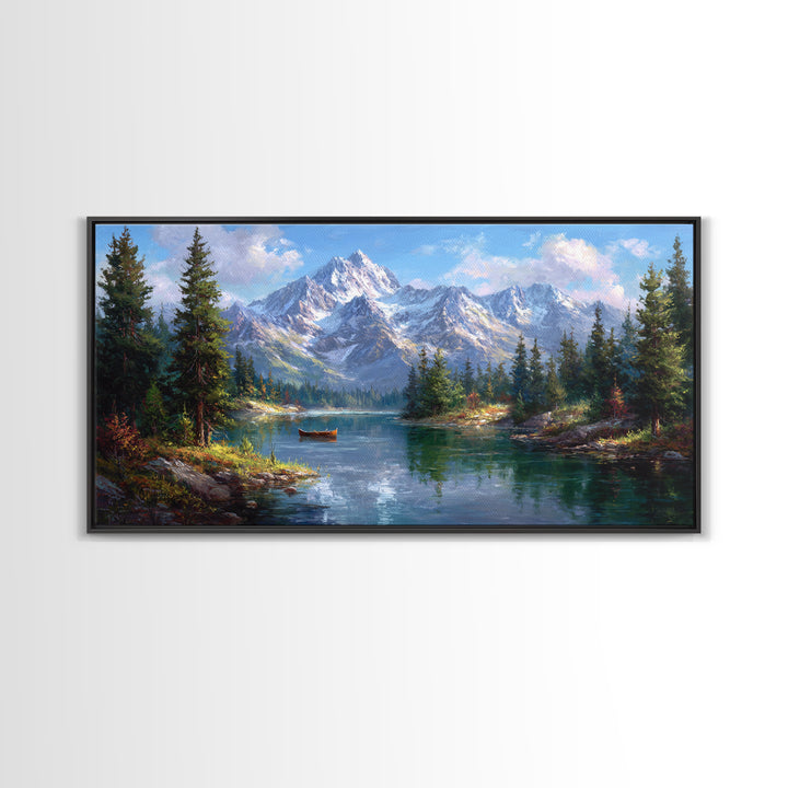 Snowy Mountain Lake With Canoe Framed Canvas Print, Alpine Landscape Wall Art, Rustic Cabin Decor, Nature Gift For Living Room