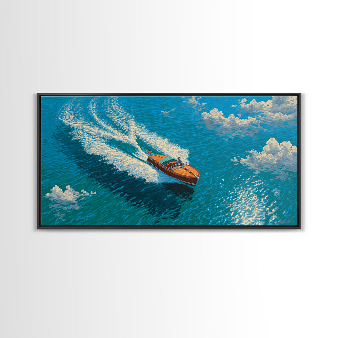 Orange Speedboat On Blue Ocean Canvas Print, Coastal Wall Art, Nautical Beach House Decor, Summer Travel Gift For Him, Art Print