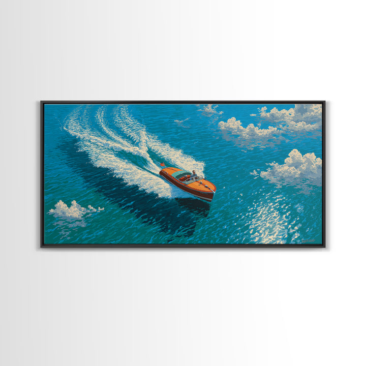 Orange Speedboat On Blue Ocean Canvas Print, Coastal Wall Art, Nautical Beach House Decor, Summer Travel Gift For Him, Art Print
