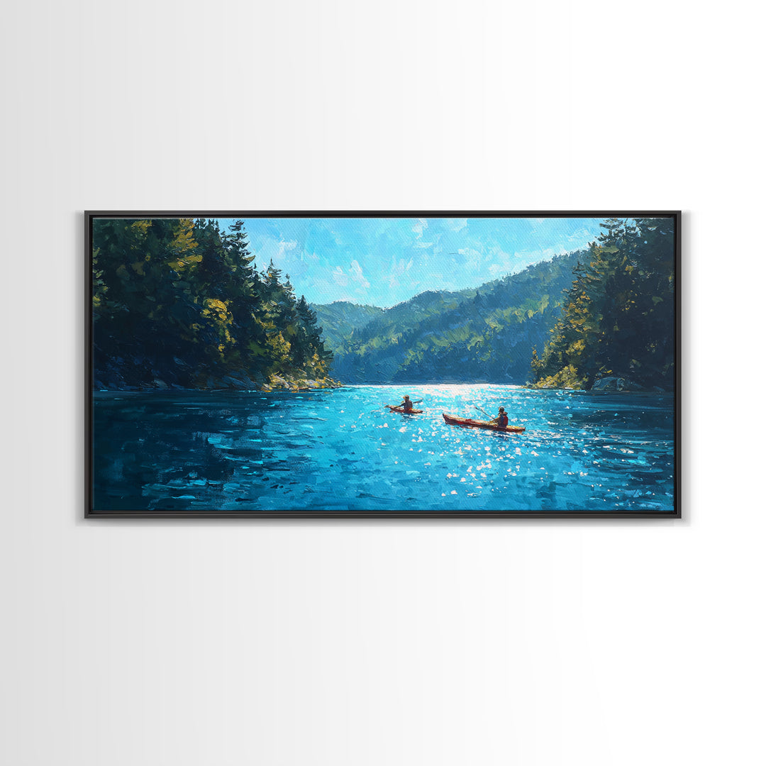 Kayakers On Blue Mountain Lake Wall Art, Forest Landscape Canvas Print, Calming Nature Decor, Serene Cabin Living Room Wall Art