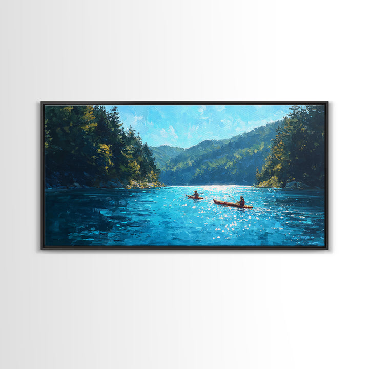Kayakers On Blue Mountain Lake Wall Art, Forest Landscape Canvas Print, Calming Nature Decor, Serene Cabin Living Room Wall Art