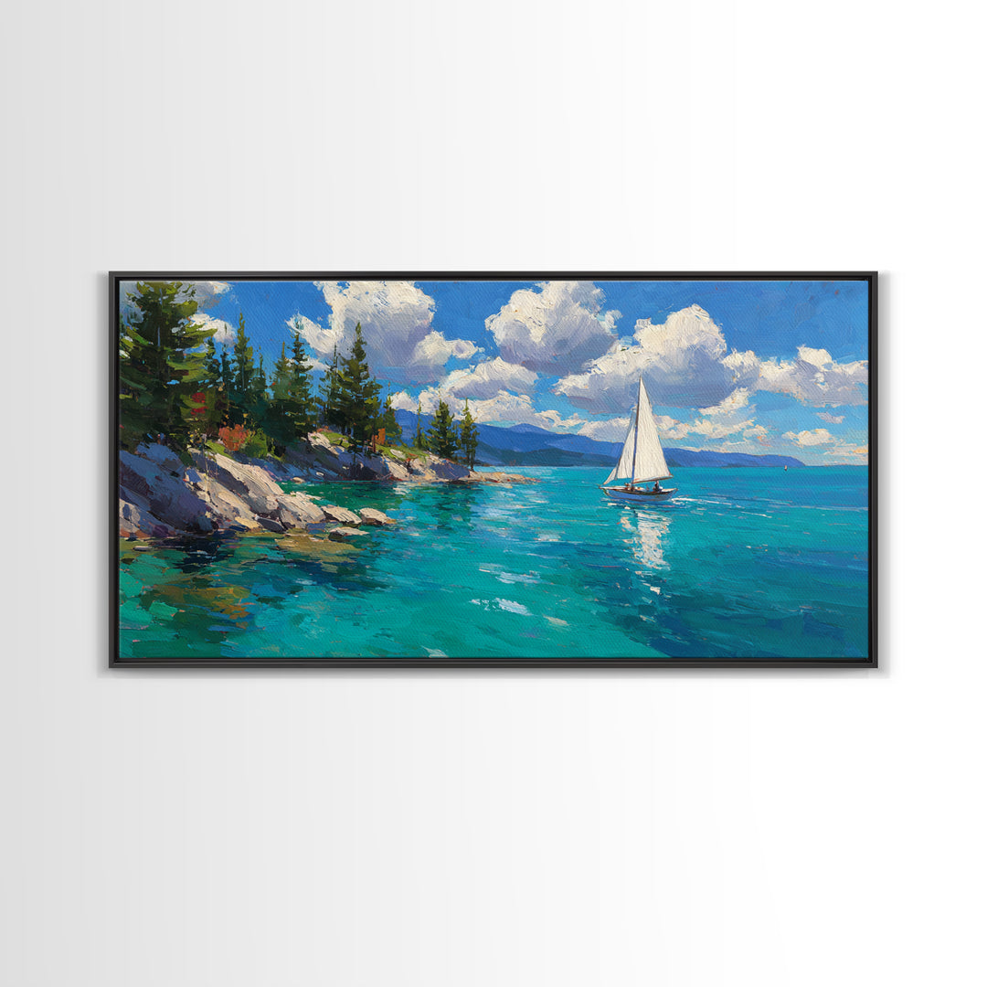 White Sailboat On Turquoise Lake Wall Art, Coastal Landscape Canvas Print, Nautical Decor, Beach House Living Room Wall Art