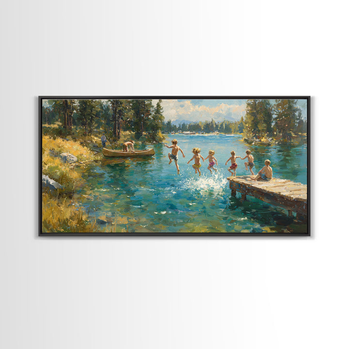 Children Jumping Into Summer Lake Canvas Print, Impressionist Landscape Wall Art, Cabin Decor, Lake House Art, Family Gift