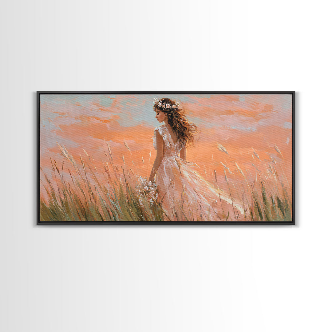 Boho Bride In Golden Meadow Canvas Print, Romantic Feminine Wall Art, Soft Peach Sunset Bedroom Decor, Wedding Gift For Her