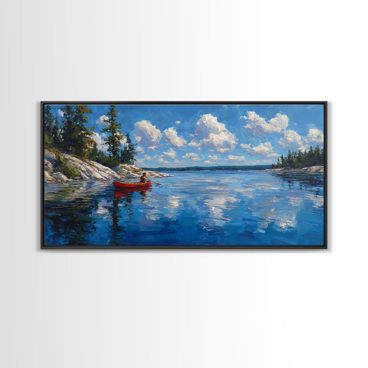 Red Kayak Mountain Lake Wall Art, Blue Water Landscape Canvas, Peaceful Cabin Decor For Lake House, Nature Art Print Gift
