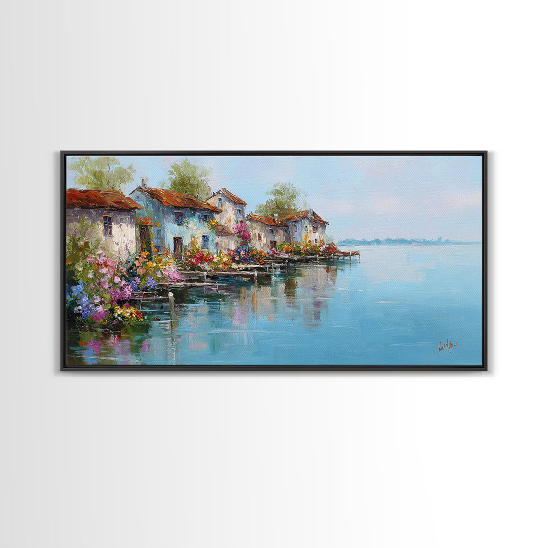 Mediterranean Village Reflected On Blue Water Wall Art, Italian Coastal Canvas Print, Lake Como Decor, European Home Decor