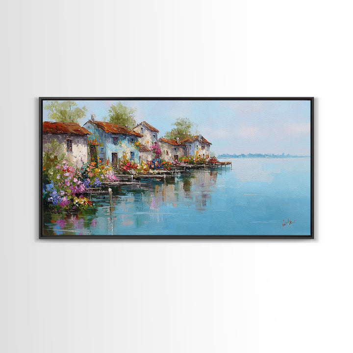 Mediterranean Village Reflected On Blue Water Wall Art, Italian Coastal Canvas Print, Lake Como Decor, European Home Decor
