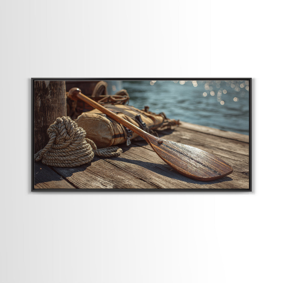 Weathered Paddle And Rope On Dock Canvas Print, Nautical Wall Art, Lake House Decor, Coastal Cabin Gift, Rustic Boat Print
