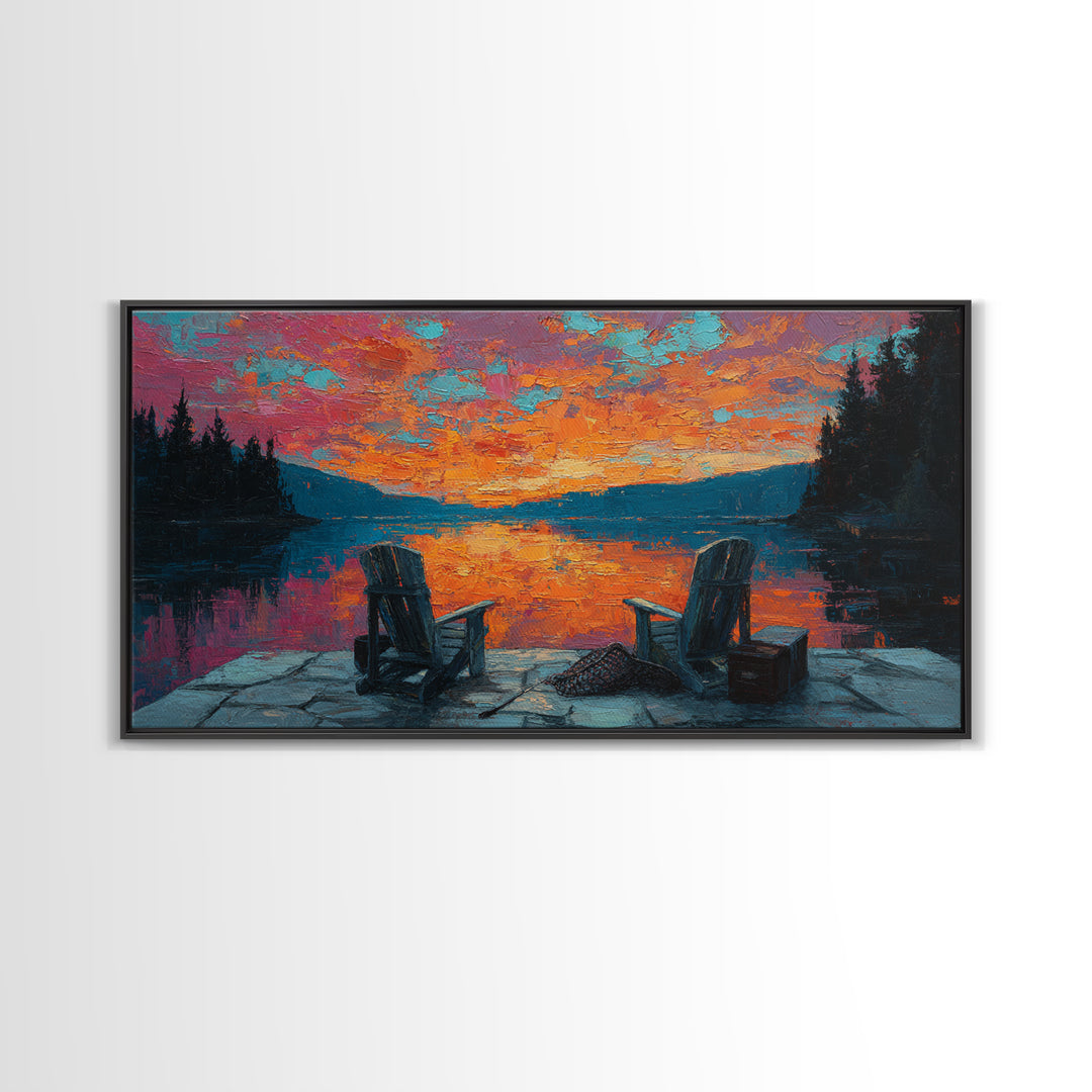 Two Adirondack Chairs By Vivid Lake Sunset Canvas Print, Cabin Wall Art, Rustic Decor, Lake House Decor, Cozy Gift For Living Room