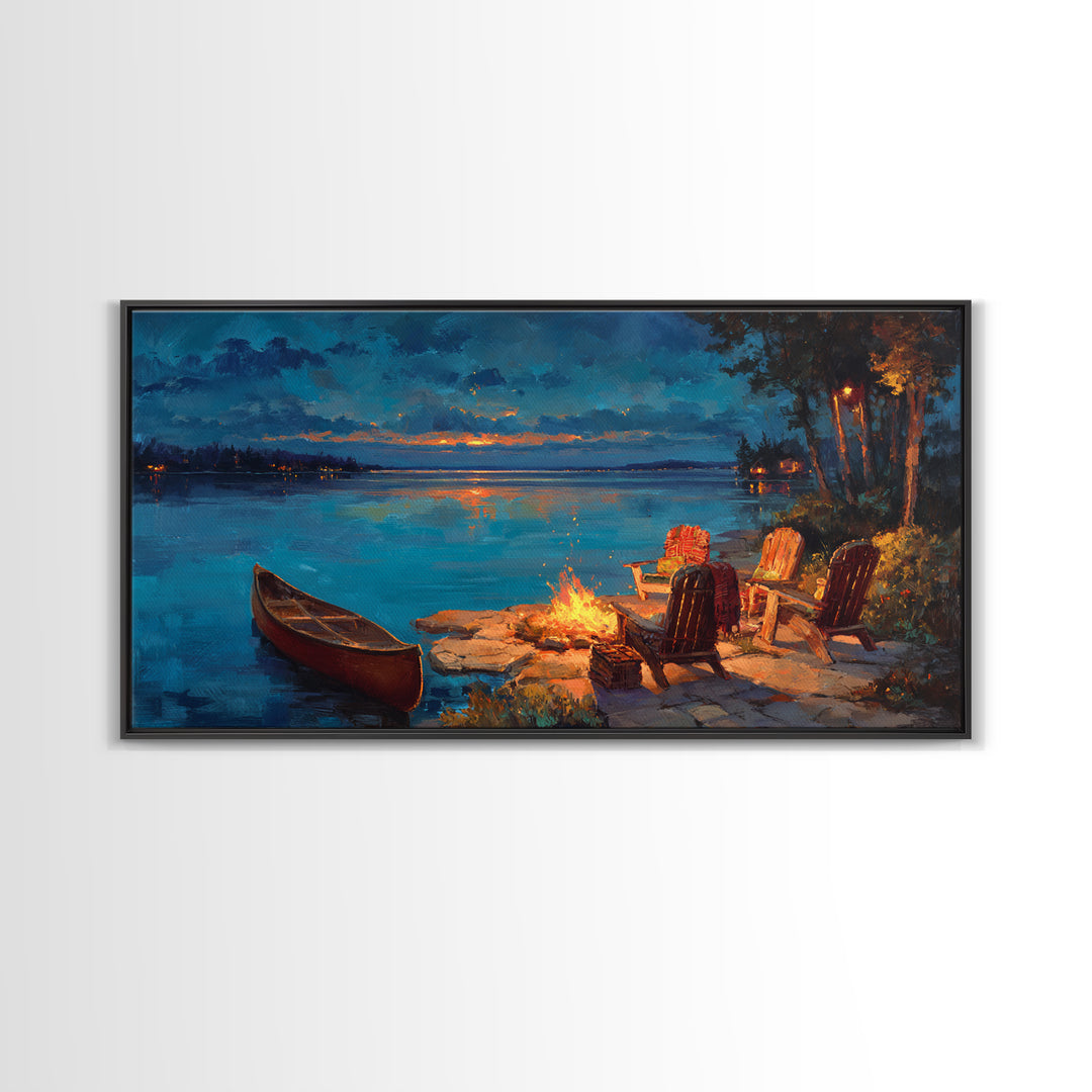 Cozy Lakeside Campfire Wall Art, Adirondack Chairs And Canoe Canvas, Rustic Lake House Cabin Decor For Living Room Decor