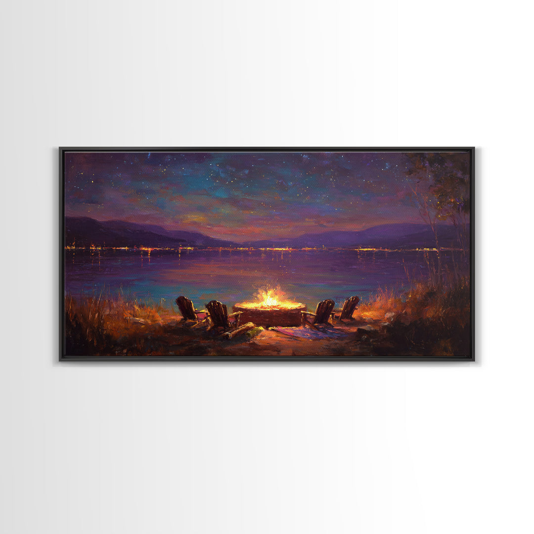 Campfire By Starlit Mountain Lake Canvas Print, Cozy Cabin Wall Decor, Rustic Landscape Art, Nature Lover Home Decor Gift