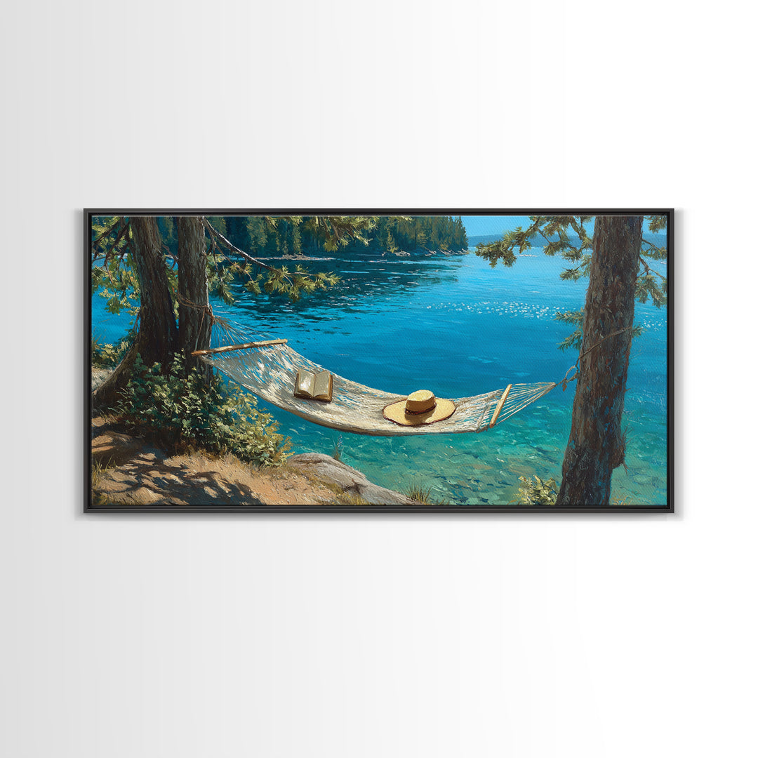 Lake Hammock Retreat Wall Art, Coastal Cabin Canvas Print, Nature Landscape, Lake House Decor, Relaxing Summer Home Decor