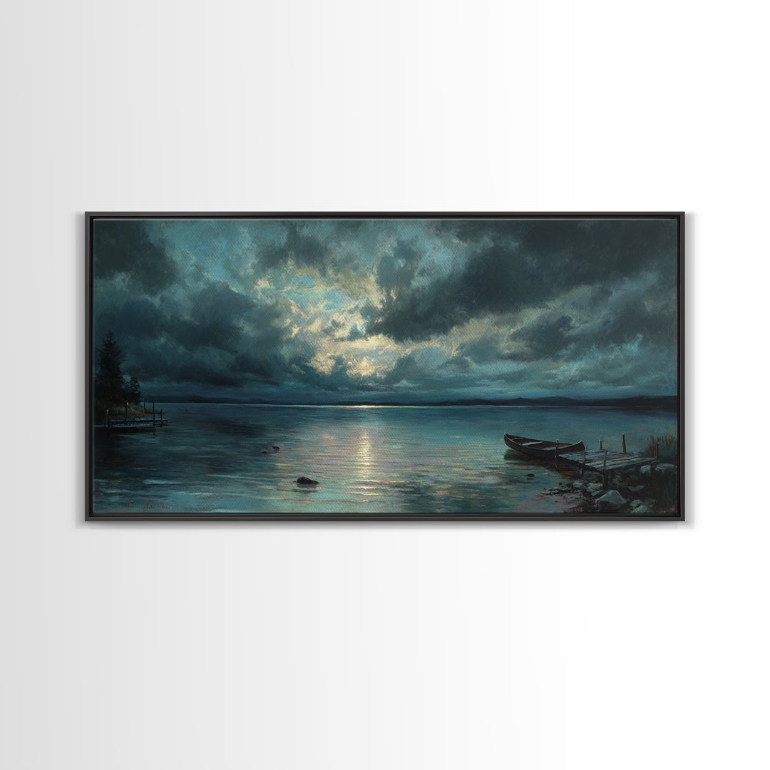 Stormy Moonlit Lake With Rowboat Wall Art, Moody Seascape Canvas Print, Dark Coastal Landscape Art, Living Room Decor, Office Decor