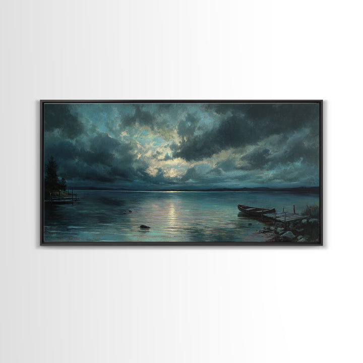 Stormy Moonlit Lake With Rowboat Wall Art, Moody Seascape Canvas Print, Dark Coastal Landscape Art, Living Room Decor, Office Decor
