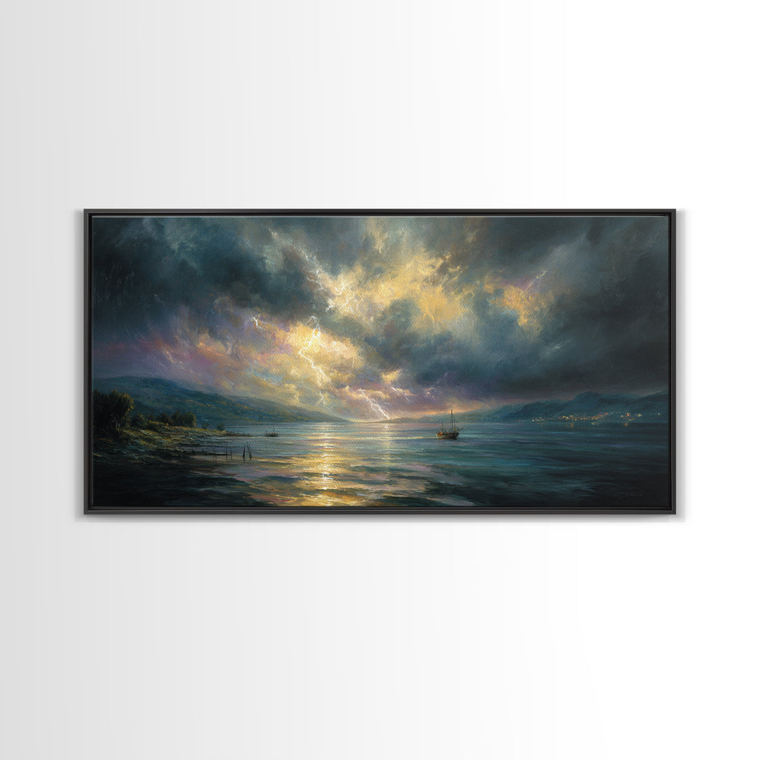 Stormy Ocean Lightning Seascape Canvas Print, Moody Wall Art, Nautical Decor, Coastal Landscape, Large Living Room Art Print
