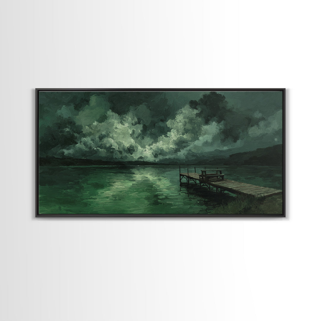Moody Green Lake Dock At Stormy Night Wall Art, Dark Landscape Canvas Print, Rustic Cabin Decor, Emerald Nature Painting