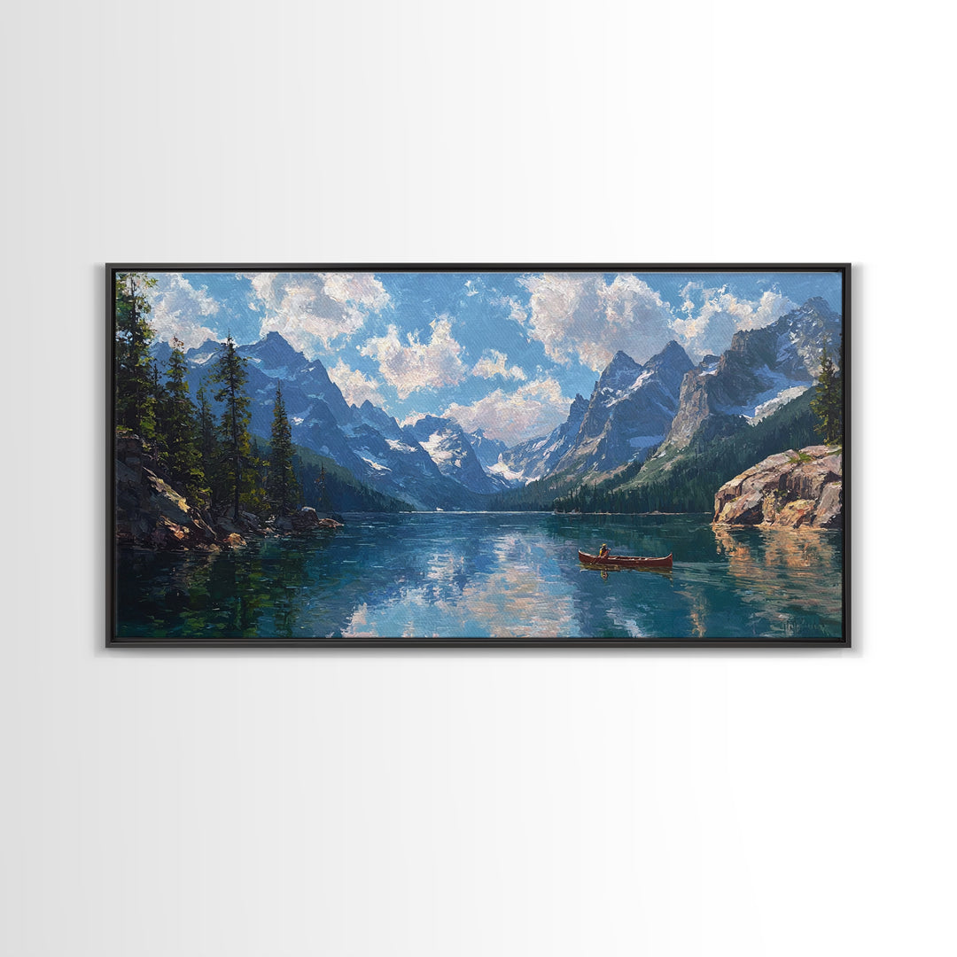 Mountain Lake Canoe Wall Art, Alpine Landscape Canvas Print, Serene Nature Decor, Large Rustic Cabin Gift For Living Room