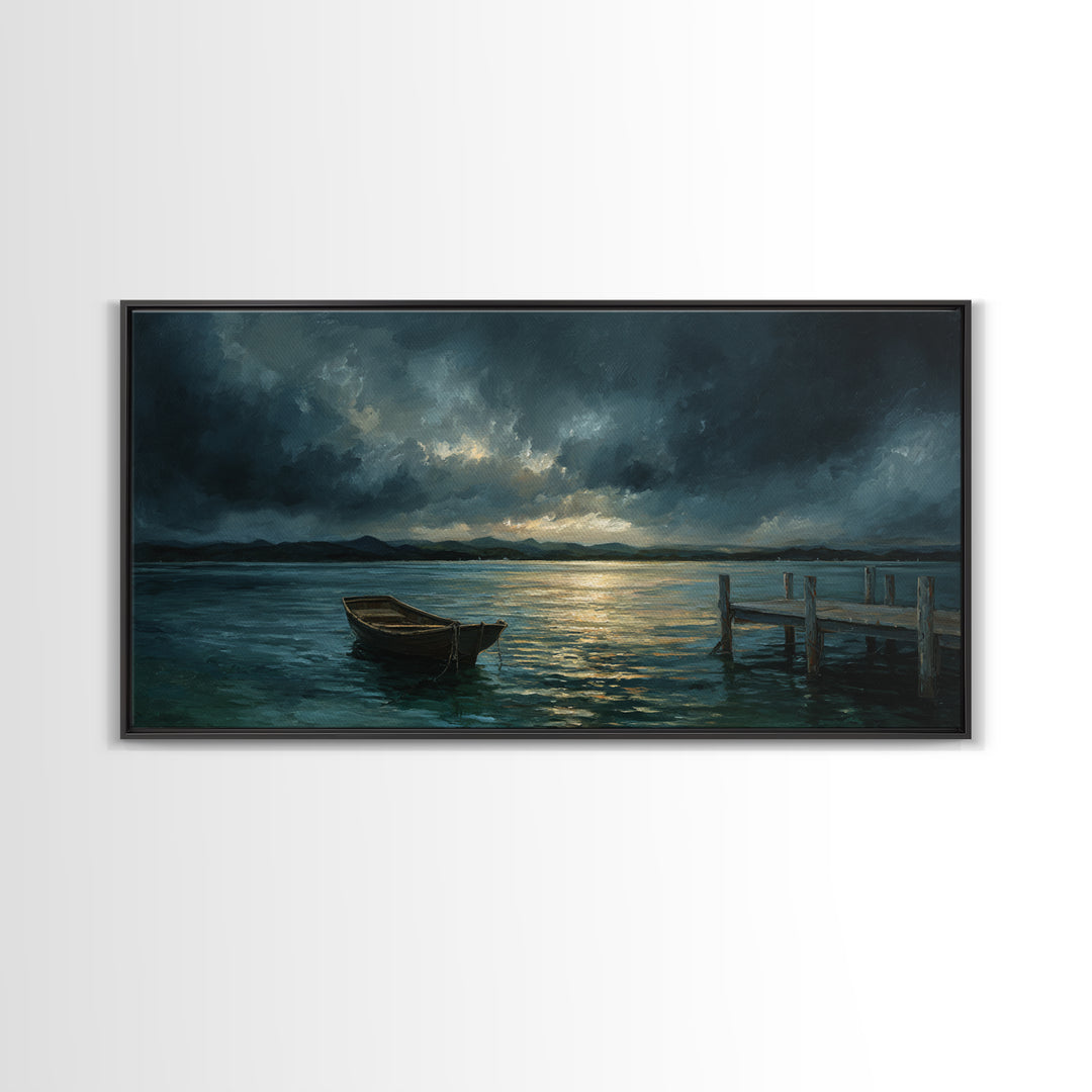 Stormy Row Boat And Wooden Dock Seascape Wall Art, Moody Ocean Canvas Print, Coastal Decor, Nautical Wall Decor Gift For Him
