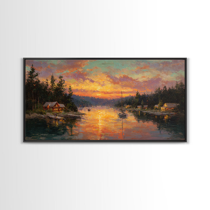 Glowing Lakeside Cabins At Sunset Framed Canvas Print, Rustic Lake House Wall Art, Cabin Decor, Landscape Painting, Living Room Decor