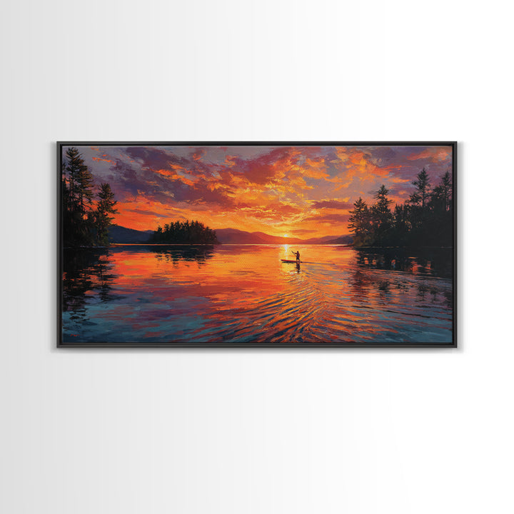 Fiery Sunset Kayaker On Mountain Lake Wall Art, Canvas Print, Outdoor Adventure Decor, Lake House Gift, Large Wall Art, Sunset Painting