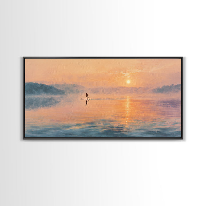 Minimal Paddleboarder On Misty Sunrise Lake Canvas Print, Calming Wall Art, Coastal Decor, Minimalist Landscape Art, Bedroom Decor