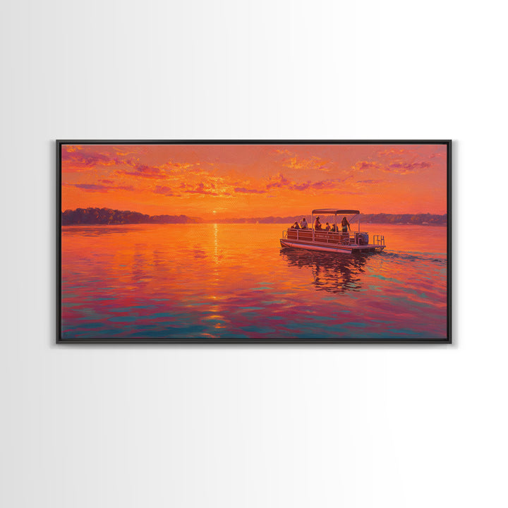 Orange Sunset Pontoon Boat On Calm Lake Framed Canvas Print, Lake House Wall Art, Nautical Decor, Summer Home Decor, Gift For Him
