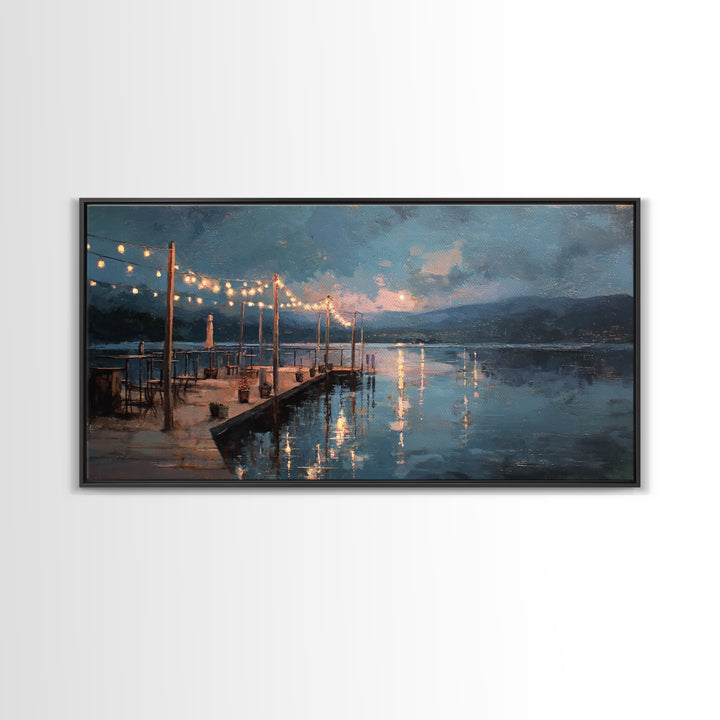 Moonlit Dock With String Lights Framed Canvas Print, Moody Lake Wall Art, Coastal Wall Decor, Rustic Cabin Home Decor, Office Decor