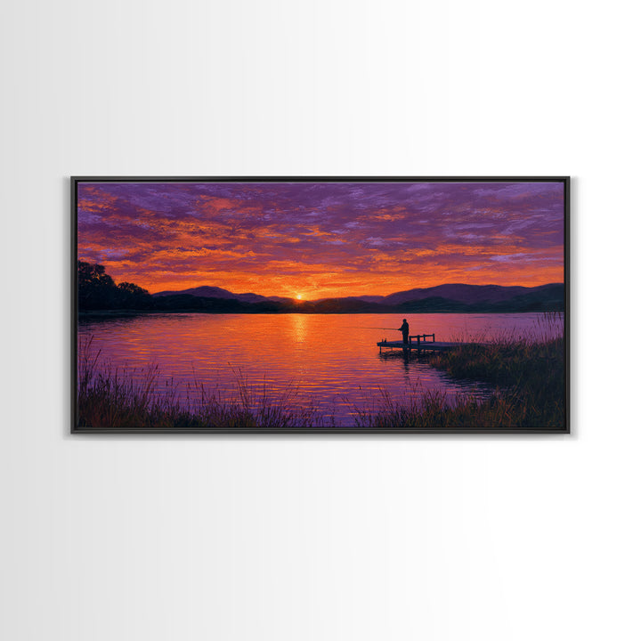Solitary Figure On Dock At Purple Sunset Wall Art, Framed Canvas Print, Mountain Lake Decor, Peaceful Bedroom Art, Living Room Decor