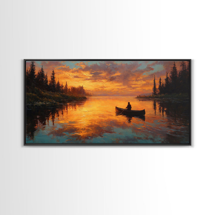 Golden Canoe At Sunset On Quiet Forest Lake Canvas Print, Rustic Cabin Wall Art, Nature Decor, Landscape Painting, Lake House Decor