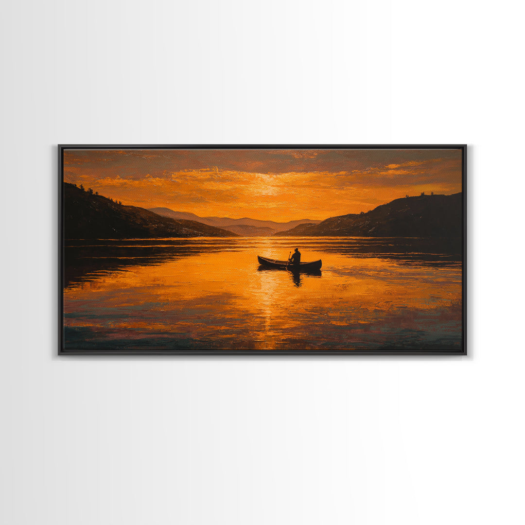 Orange Sunset Lake Boat Silhouette Canvas Print, Rustic Landscape Wall Decor, Serene Cabin Living Room Art, Housewarming Gift