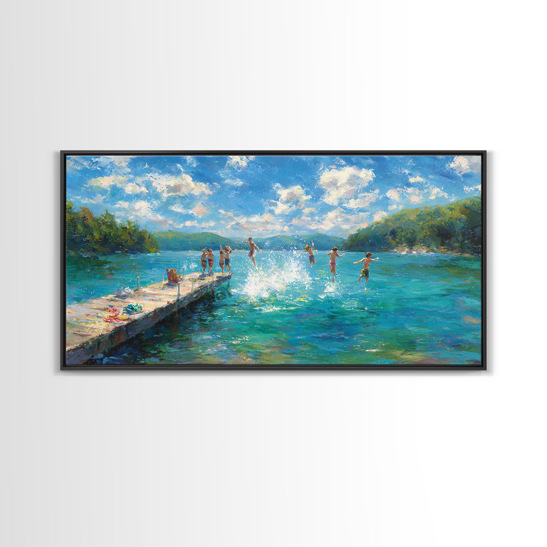 Joyful Summer Kids Jumping Into Blue Lake Artwork, Vibrant Landscape Canvas Print, Wall Art For Family Room And Children's Bedroom Decor