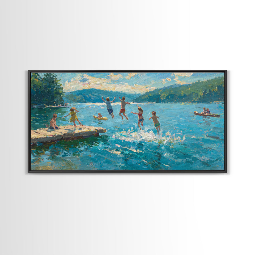 Children Jumping Into Lake On Summer Day With Vibrant Blue Water And Green Landscape Wall Art Canvas Print For Home Decor