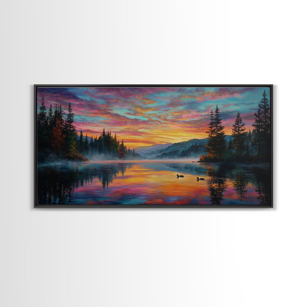 Serene Misty Lake Sunset Landscape Painting Wall Art Canvas Print For Tranquil Living Room Décor