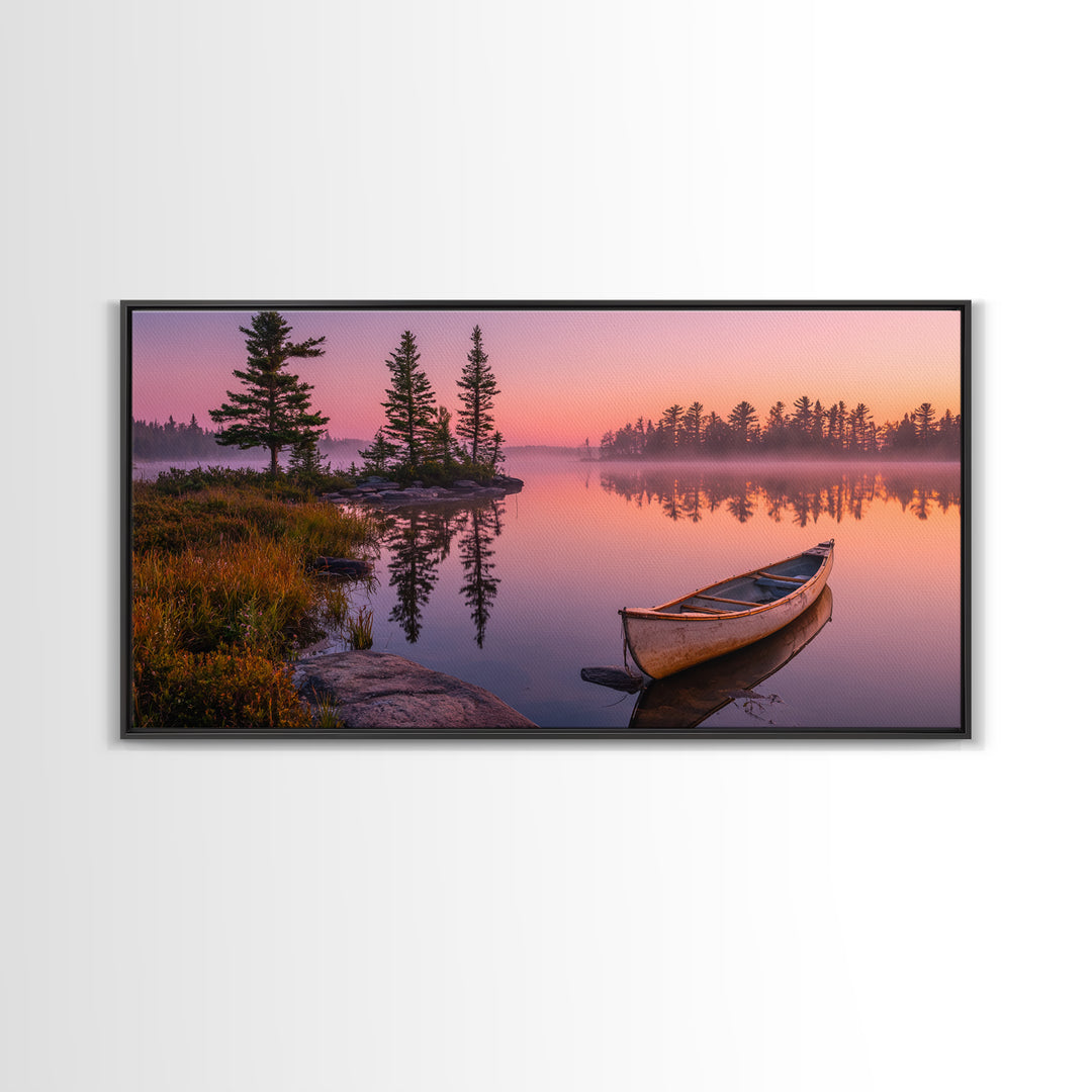 Peaceful Canoe On Misty Calm Lake At Sunrise Nature Wall Art Canvas Print For Tranquil Home Decor