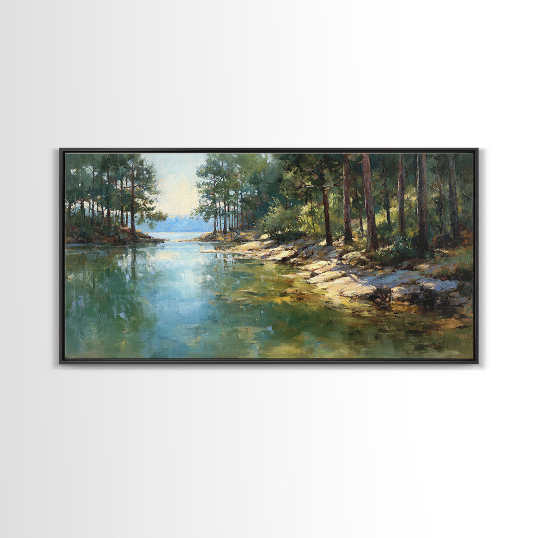 Woodland Landscape Painting With Misty Lake Framed Canvas Print Wall Art Rustic Nature Home Decor Large Art Print