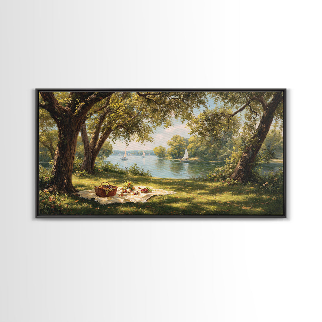Idyllic Lakeside Picnic Scene With Trees And Sailboats Wall Art Framed Canvas Print For Living Room Decor